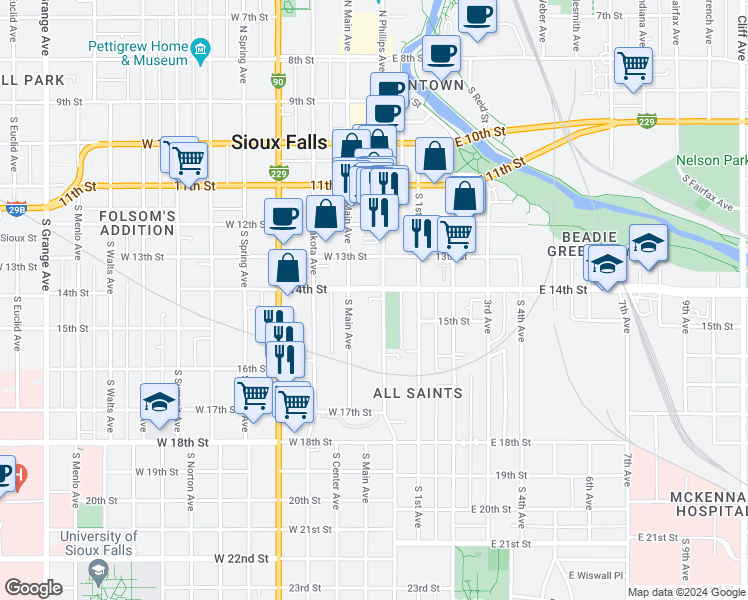 map of restaurants, bars, coffee shops, grocery stores, and more near 622 South Main Avenue in Sioux Falls
