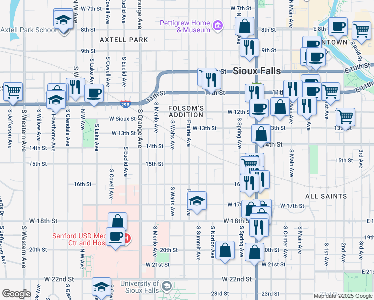 map of restaurants, bars, coffee shops, grocery stores, and more near 812 West 15th Street in Sioux Falls