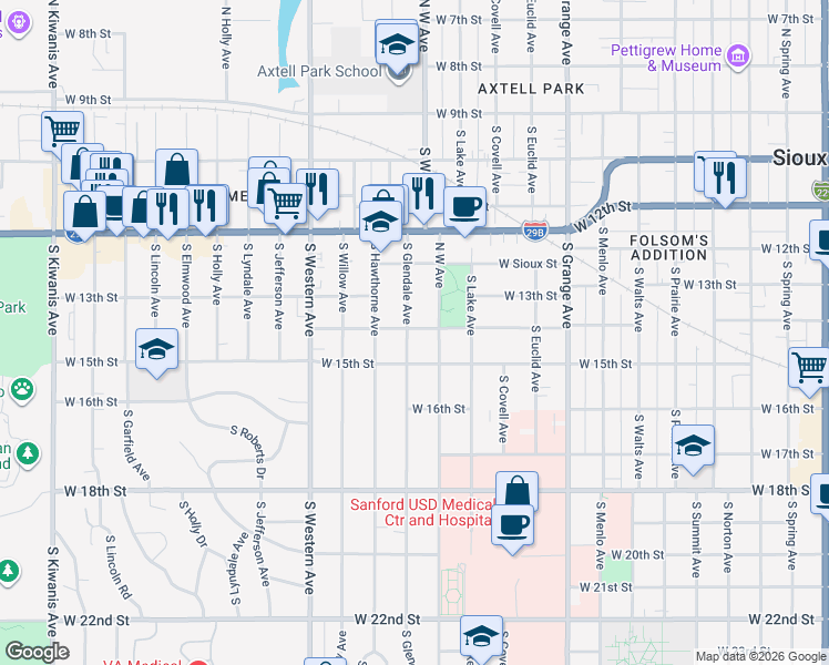 map of restaurants, bars, coffee shops, grocery stores, and more near 1512 West 15th Street in Sioux Falls