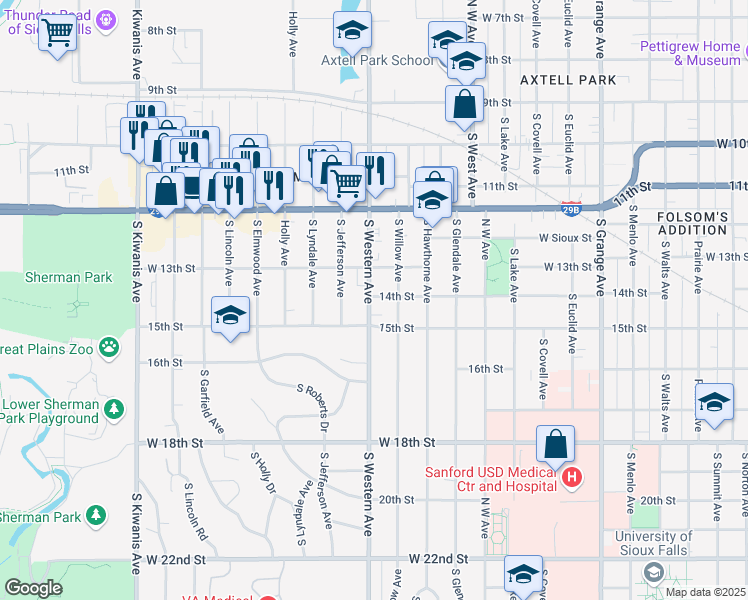 map of restaurants, bars, coffee shops, grocery stores, and more near 1900 West 15th Street in Sioux Falls