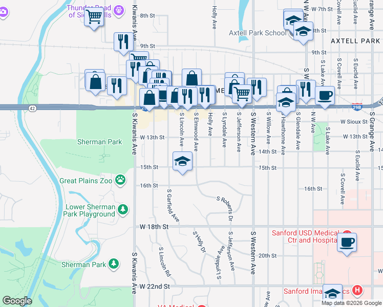 map of restaurants, bars, coffee shops, grocery stores, and more near 618 South Elmwood Avenue in Sioux Falls