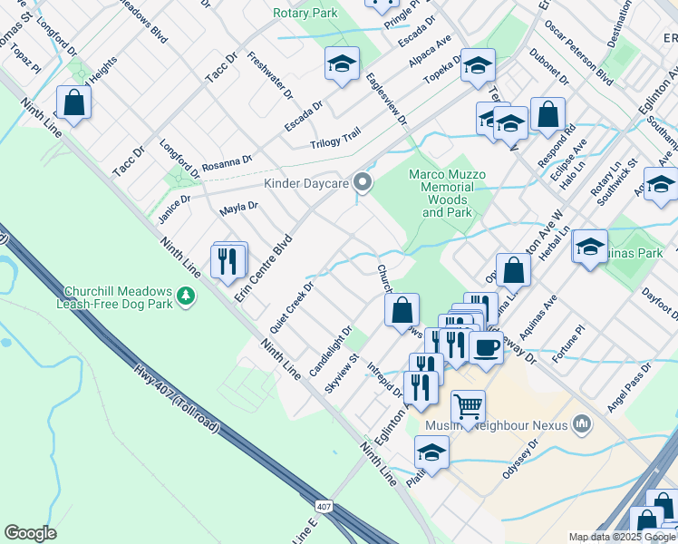 map of restaurants, bars, coffee shops, grocery stores, and more near 5147 Ancient Stone Avenue in Mississauga