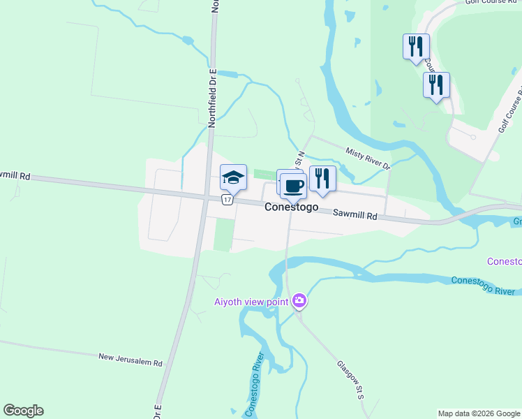 map of restaurants, bars, coffee shops, grocery stores, and more near 1919 Sawmill Road in Conestogo
