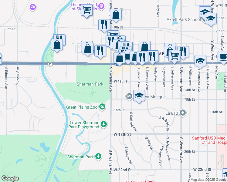 map of restaurants, bars, coffee shops, grocery stores, and more near 500 South Kiwanis Avenue in Sioux Falls