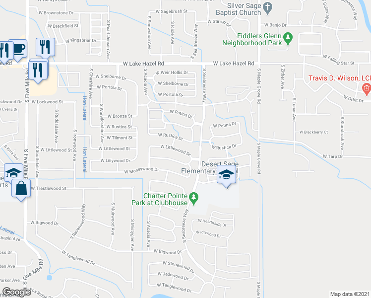 map of restaurants, bars, coffee shops, grocery stores, and more near 9500 West Littlewood Drive in Boise