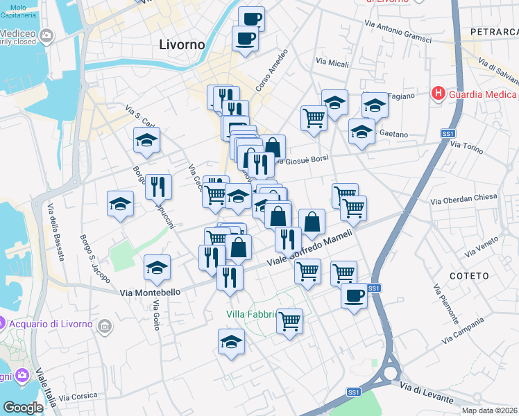 map of restaurants, bars, coffee shops, grocery stores, and more near 124 Via Giovanni Marradi in Livorno