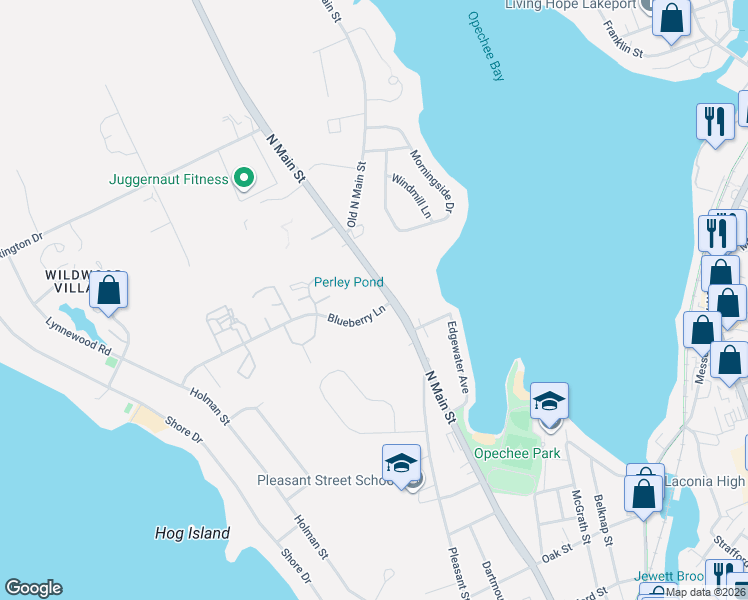 map of restaurants, bars, coffee shops, grocery stores, and more near 30 Blueberry Lane in Laconia