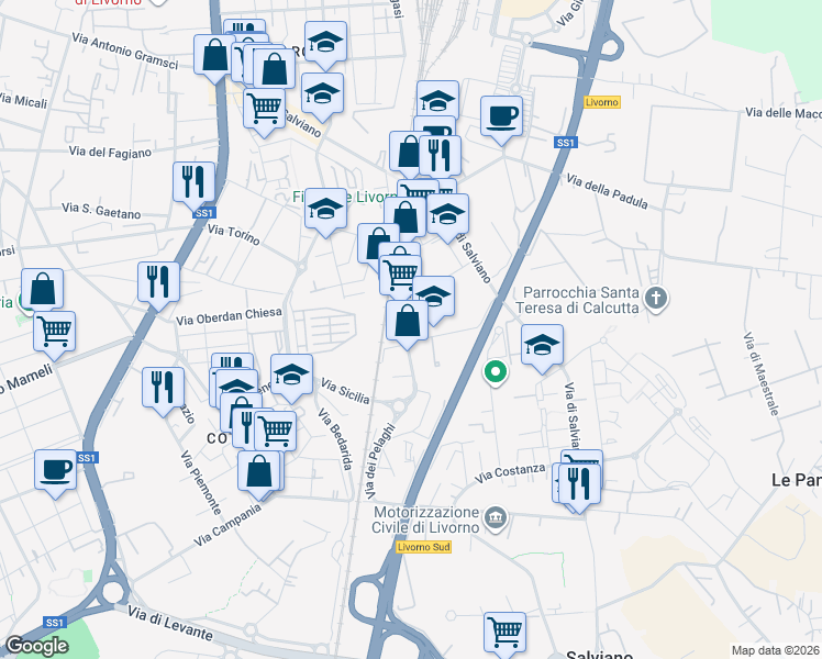 map of restaurants, bars, coffee shops, grocery stores, and more near 86 Via Domenico Cimarosa in Livorno