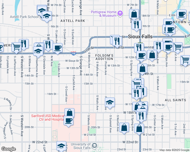 map of restaurants, bars, coffee shops, grocery stores, and more near 922 West 15th Street in Sioux Falls
