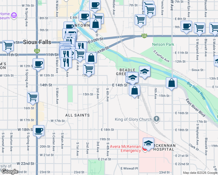 map of restaurants, bars, coffee shops, grocery stores, and more near 699 S 5th Ave in Sioux Falls