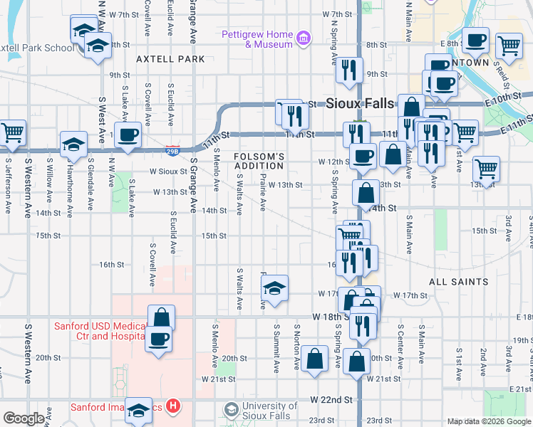 map of restaurants, bars, coffee shops, grocery stores, and more near 716 West 15th Street in Sioux Falls