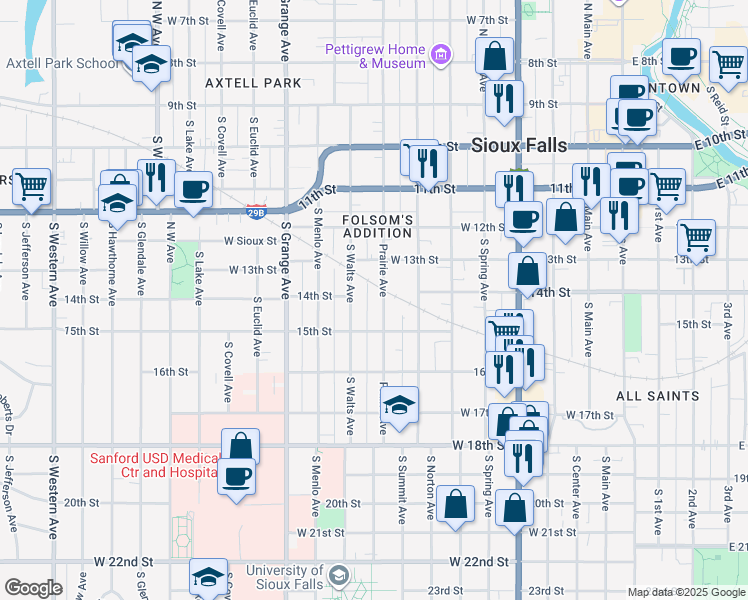map of restaurants, bars, coffee shops, grocery stores, and more near 812 West 15th Street in Sioux Falls