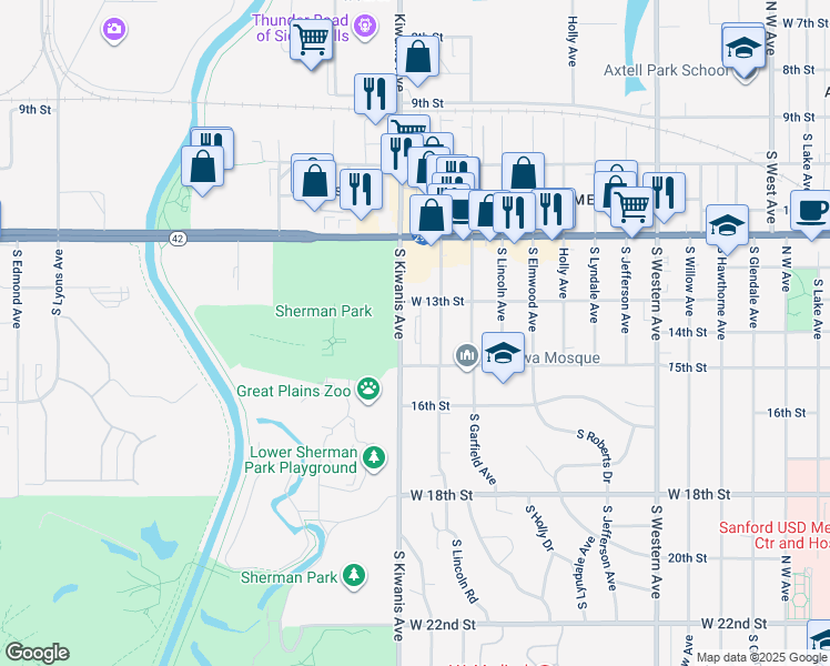 map of restaurants, bars, coffee shops, grocery stores, and more near 2600-2698 West 15th Street in Sioux Falls