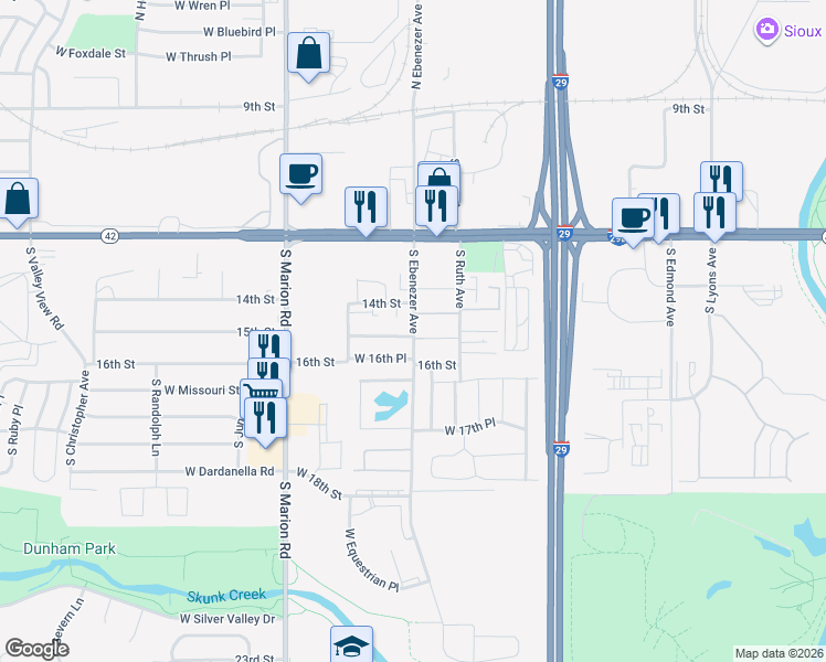 map of restaurants, bars, coffee shops, grocery stores, and more near 691-715 South Ebenezer Avenue in Sioux Falls