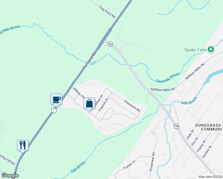 map of restaurants, bars, coffee shops, grocery stores, and more near 26 Clayton Drive in Saco