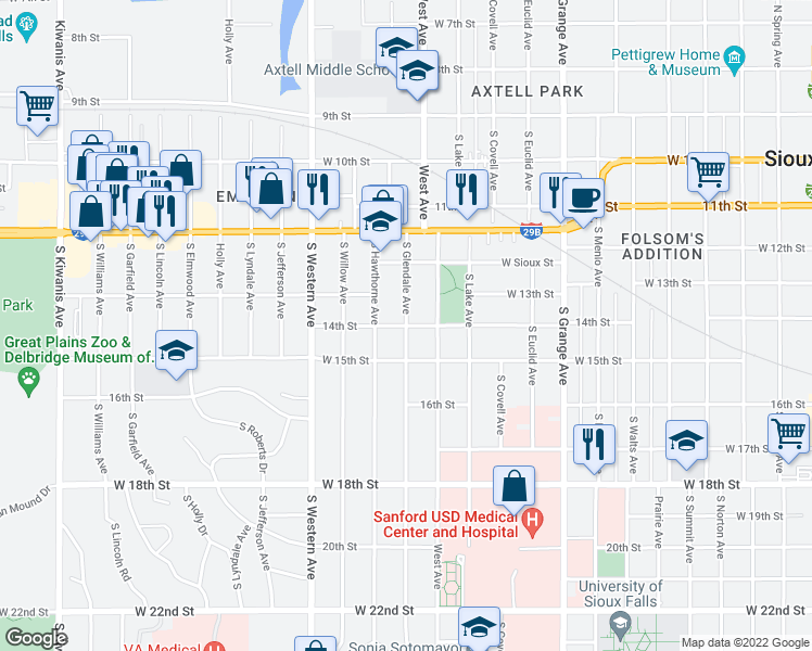 map of restaurants, bars, coffee shops, grocery stores, and more near 598 S Glendale Ave in Sioux Falls