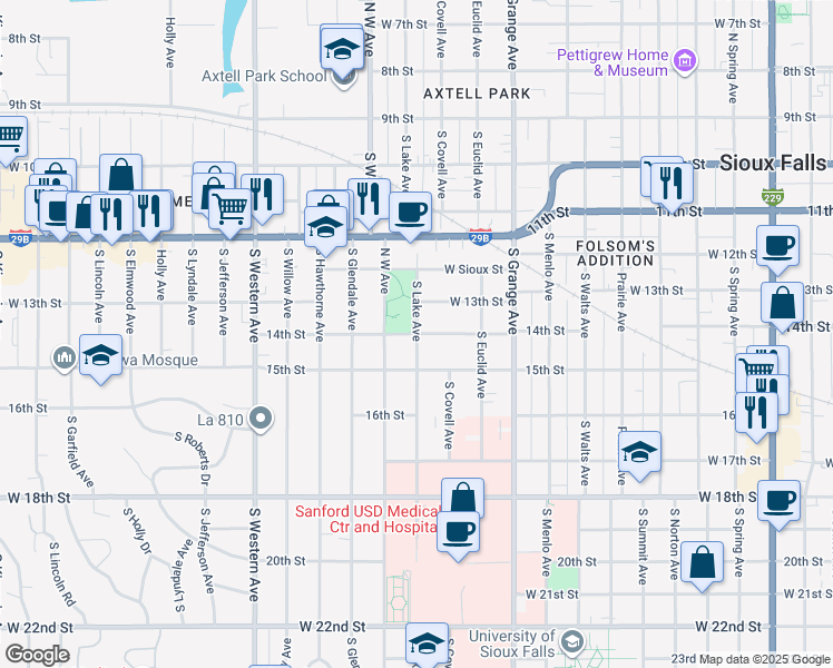 map of restaurants, bars, coffee shops, grocery stores, and more near 599 South Lake Avenue in Sioux Falls