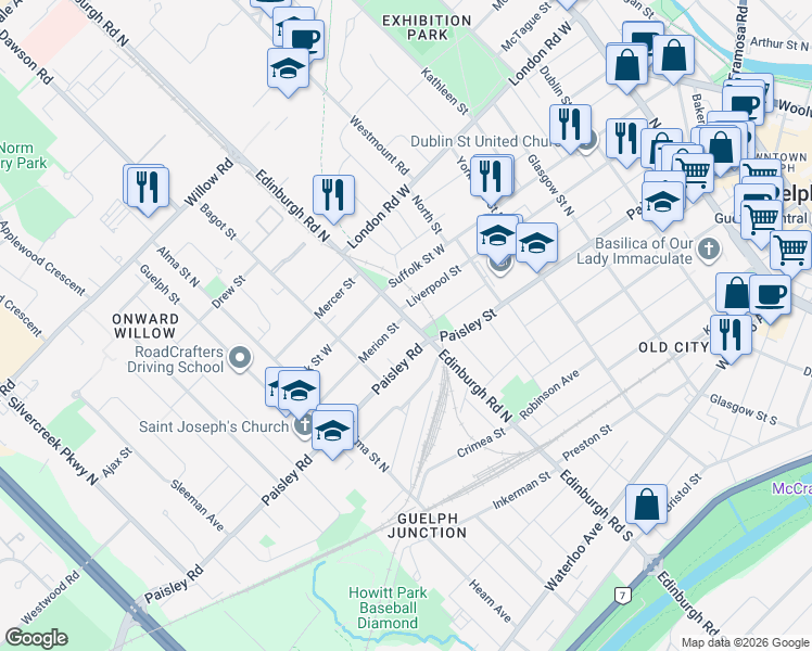map of restaurants, bars, coffee shops, grocery stores, and more near 265 Liverpool Street in Guelph