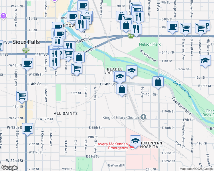 map of restaurants, bars, coffee shops, grocery stores, and more near 513 South 6th Avenue in Sioux Falls