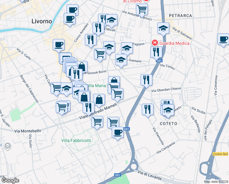 map of restaurants, bars, coffee shops, grocery stores, and more near 42 Via Filippo Buonarroti in Livorno