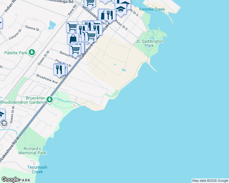 map of restaurants, bars, coffee shops, grocery stores, and more near 75 Maple Avenue South in Mississauga