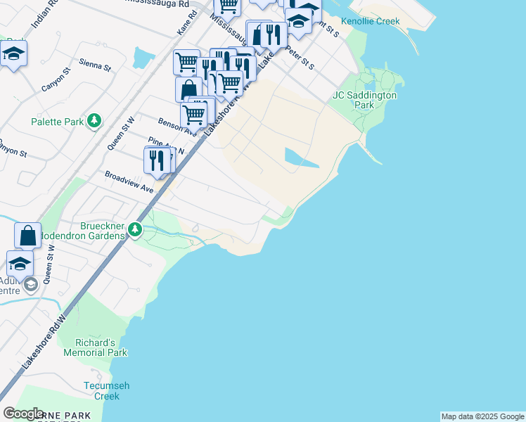 map of restaurants, bars, coffee shops, grocery stores, and more near 62 Maple Avenue South in Mississauga