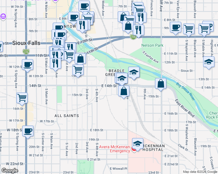 map of restaurants, bars, coffee shops, grocery stores, and more near 513 South 6th Avenue in Sioux Falls