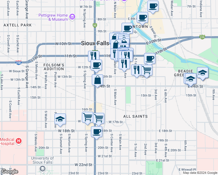 map of restaurants, bars, coffee shops, grocery stores, and more near 512 South Dakota Avenue in Sioux Falls