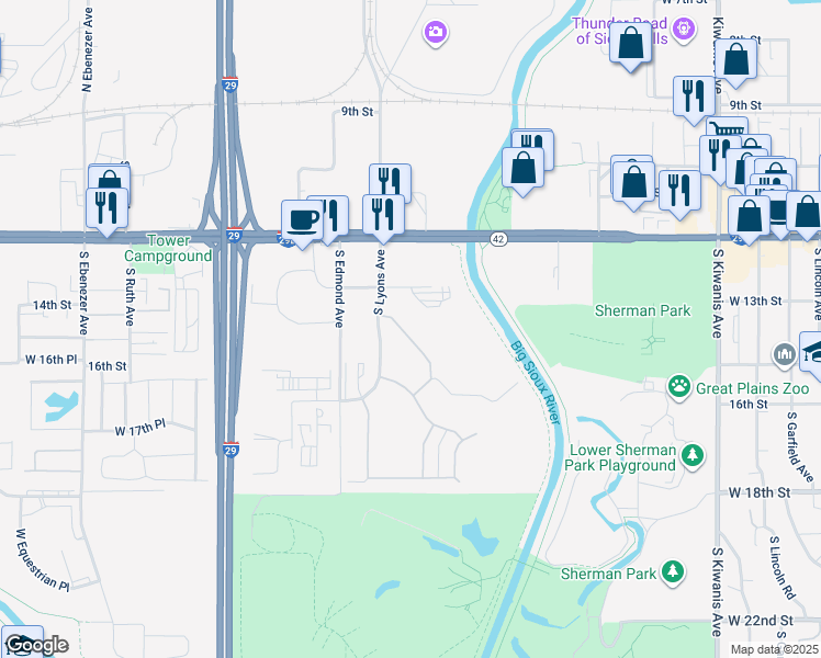 map of restaurants, bars, coffee shops, grocery stores, and more near 4101 West 13th Street in Sioux Falls