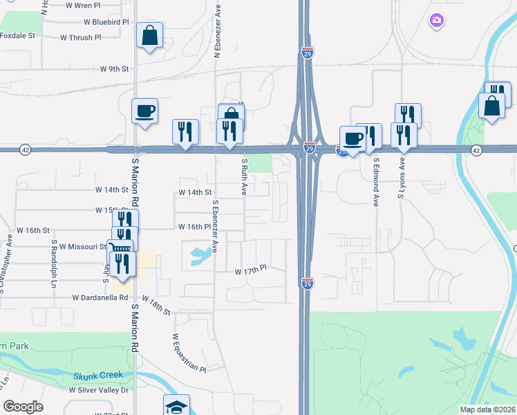 map of restaurants, bars, coffee shops, grocery stores, and more near 4600-4698 West 14th Place in Sioux Falls