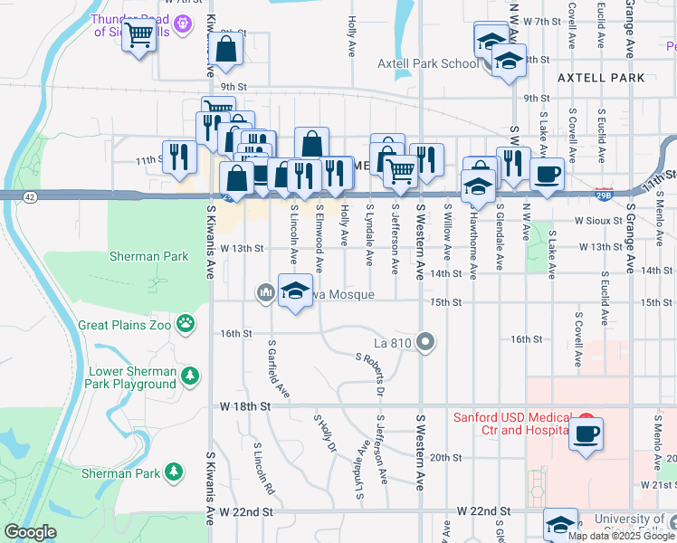 map of restaurants, bars, coffee shops, grocery stores, and more near 521 South Holly Avenue in Sioux Falls