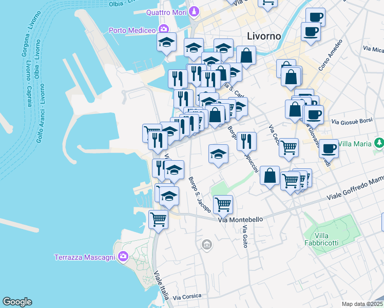 map of restaurants, bars, coffee shops, grocery stores, and more near 43-67 Via Guglielmo Micheli in Livorno