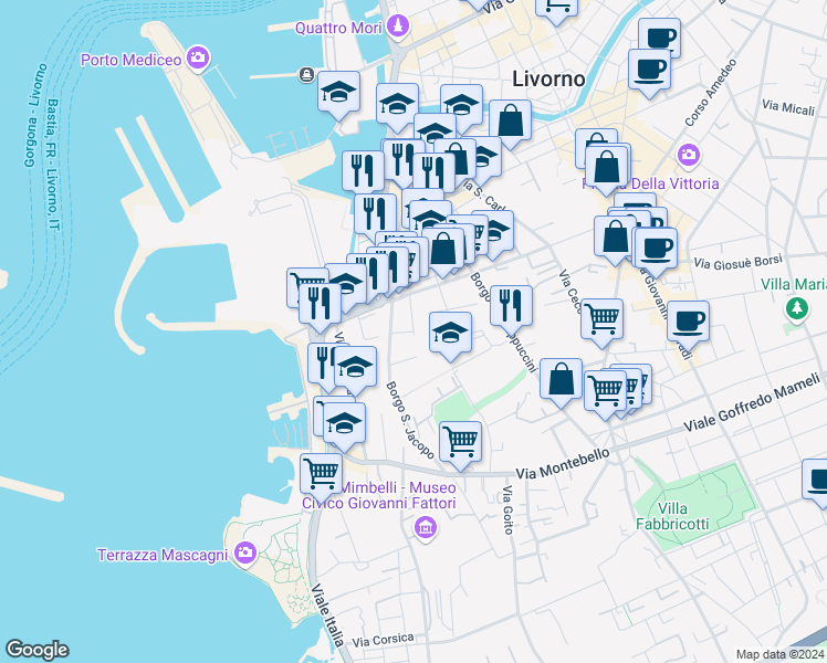 map of restaurants, bars, coffee shops, grocery stores, and more near 43 Via Guglielmo Micheli in Livorno