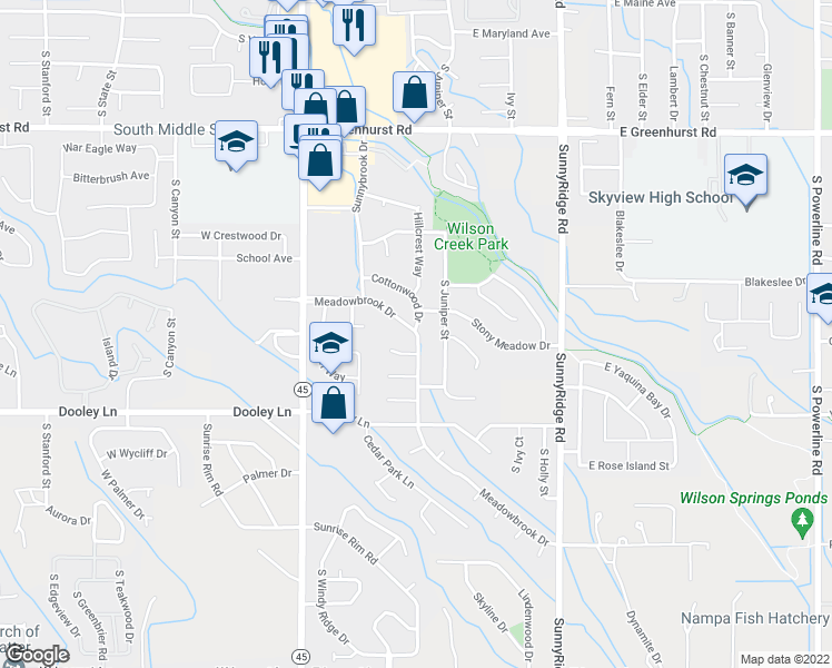 map of restaurants, bars, coffee shops, grocery stores, and more near 409 Meadowbrook Drive in Nampa