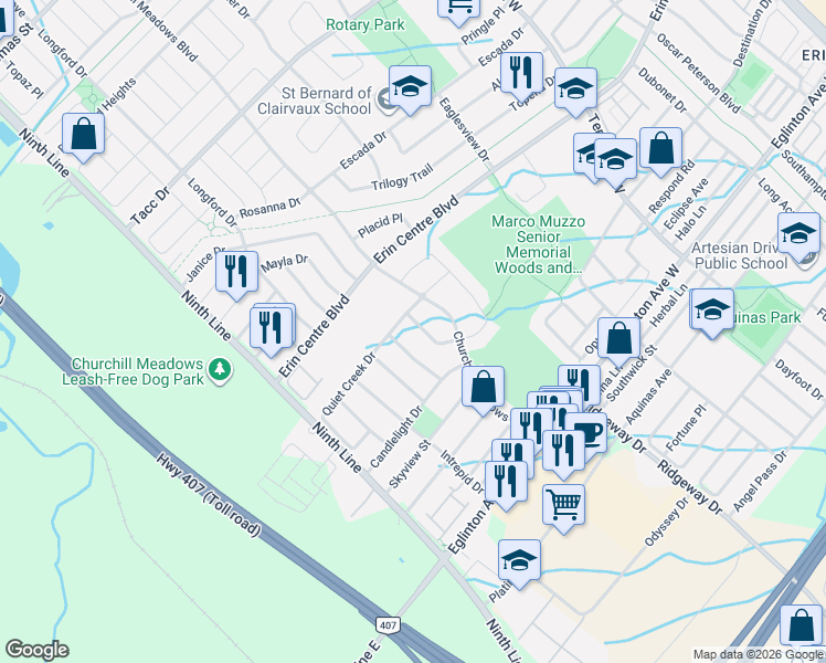 map of restaurants, bars, coffee shops, grocery stores, and more near 5180 Littlebend Drive in Mississauga