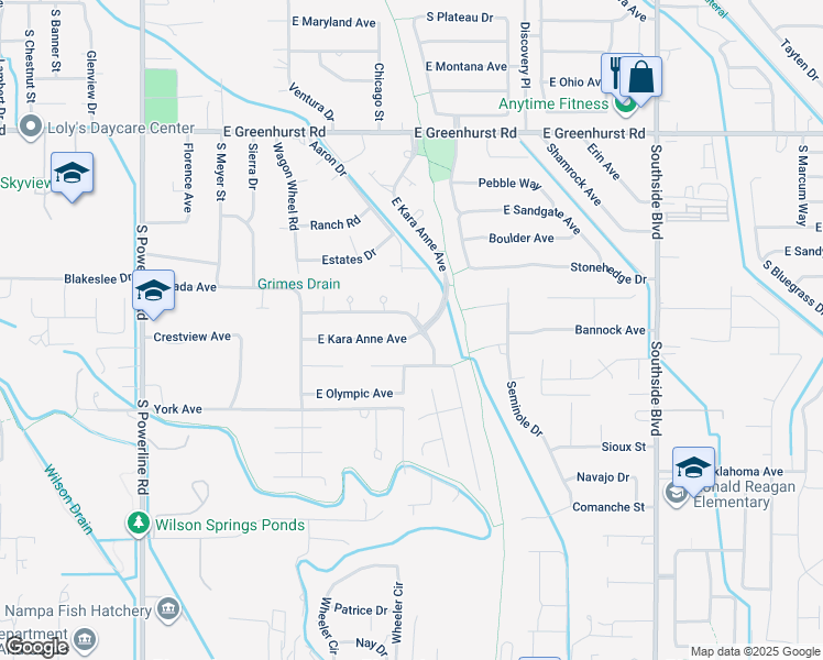 map of restaurants, bars, coffee shops, grocery stores, and more near 2304 East Harbour Grove Drive in Nampa