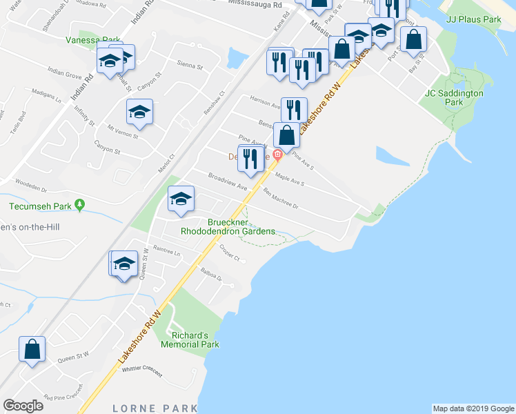 map of restaurants, bars, coffee shops, grocery stores, and more near 21 Godfreys Lane in Mississauga