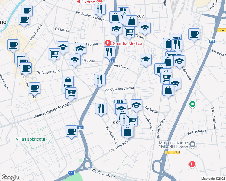 map of restaurants, bars, coffee shops, grocery stores, and more near 1 Via della Torre Odoardo in Livorno