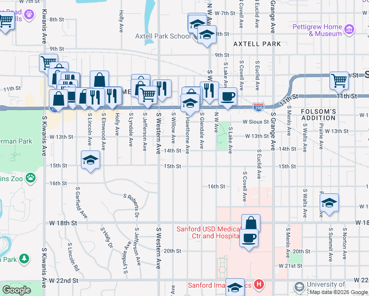 map of restaurants, bars, coffee shops, grocery stores, and more near 508 South Hawthorne Avenue in Sioux Falls