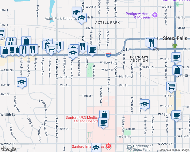 map of restaurants, bars, coffee shops, grocery stores, and more near 515-599 South Lake Avenue in Sioux Falls