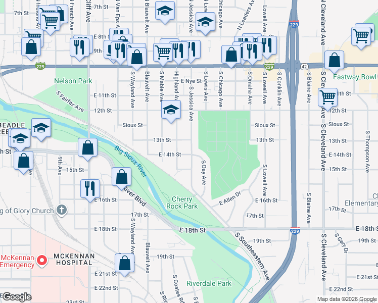 map of restaurants, bars, coffee shops, grocery stores, and more near 700 South Highland Avenue in Sioux Falls