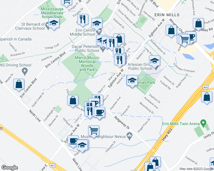 map of restaurants, bars, coffee shops, grocery stores, and more near 3517 Eglinton Avenue West in Mississauga