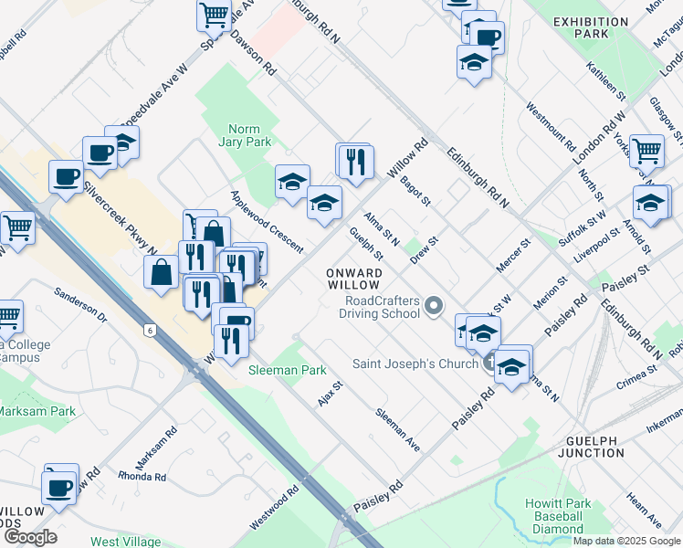 map of restaurants, bars, coffee shops, grocery stores, and more near 89 Western Avenue in Guelph