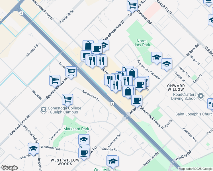 map of restaurants, bars, coffee shops, grocery stores, and more near 208 Silvercreek Parkway North in Guelph