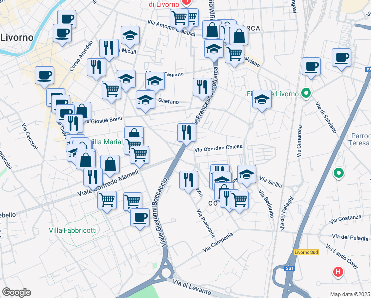 map of restaurants, bars, coffee shops, grocery stores, and more near 5 Via Salvo D'Acquisto in Livorno