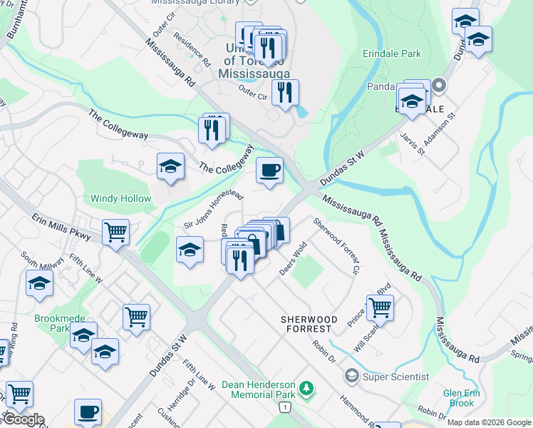 map of restaurants, bars, coffee shops, grocery stores, and more near in Mississauga