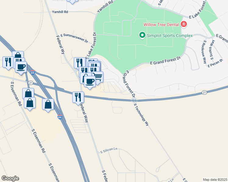 map of restaurants, bars, coffee shops, grocery stores, and more near 2490 East Gowen Road in Boise