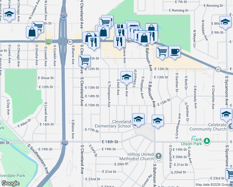 map of restaurants, bars, coffee shops, grocery stores, and more near 3105 East 13th Street in Sioux Falls