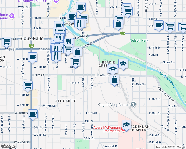 map of restaurants, bars, coffee shops, grocery stores, and more near 501 South 5th Avenue in Sioux Falls