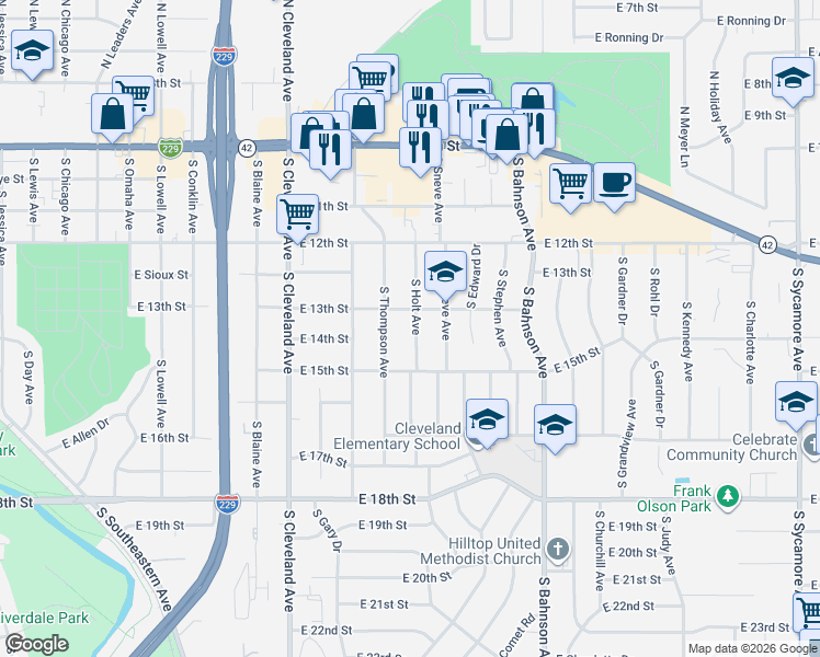 map of restaurants, bars, coffee shops, grocery stores, and more near 3105 East 13th Street in Sioux Falls